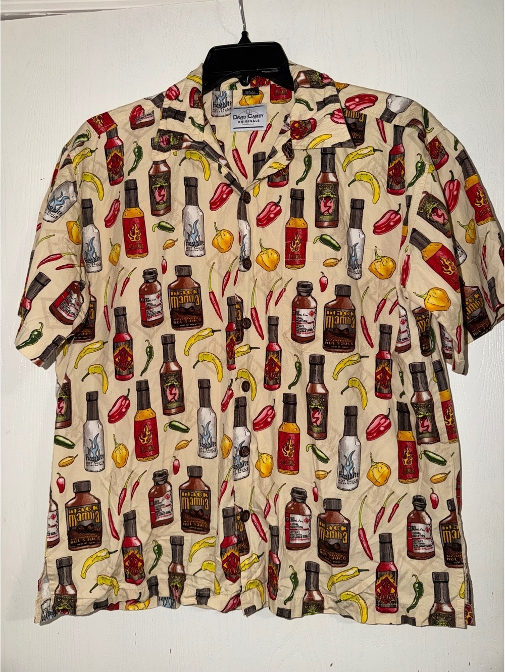 David Carey Originals Men’s L Hot Sauce Chili Pepper Novelty Hawaiian Shirt